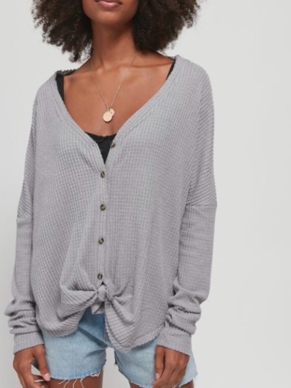 Forever 21 Light Gray Waffle Knit Button-Front Cardigan with Front Tie